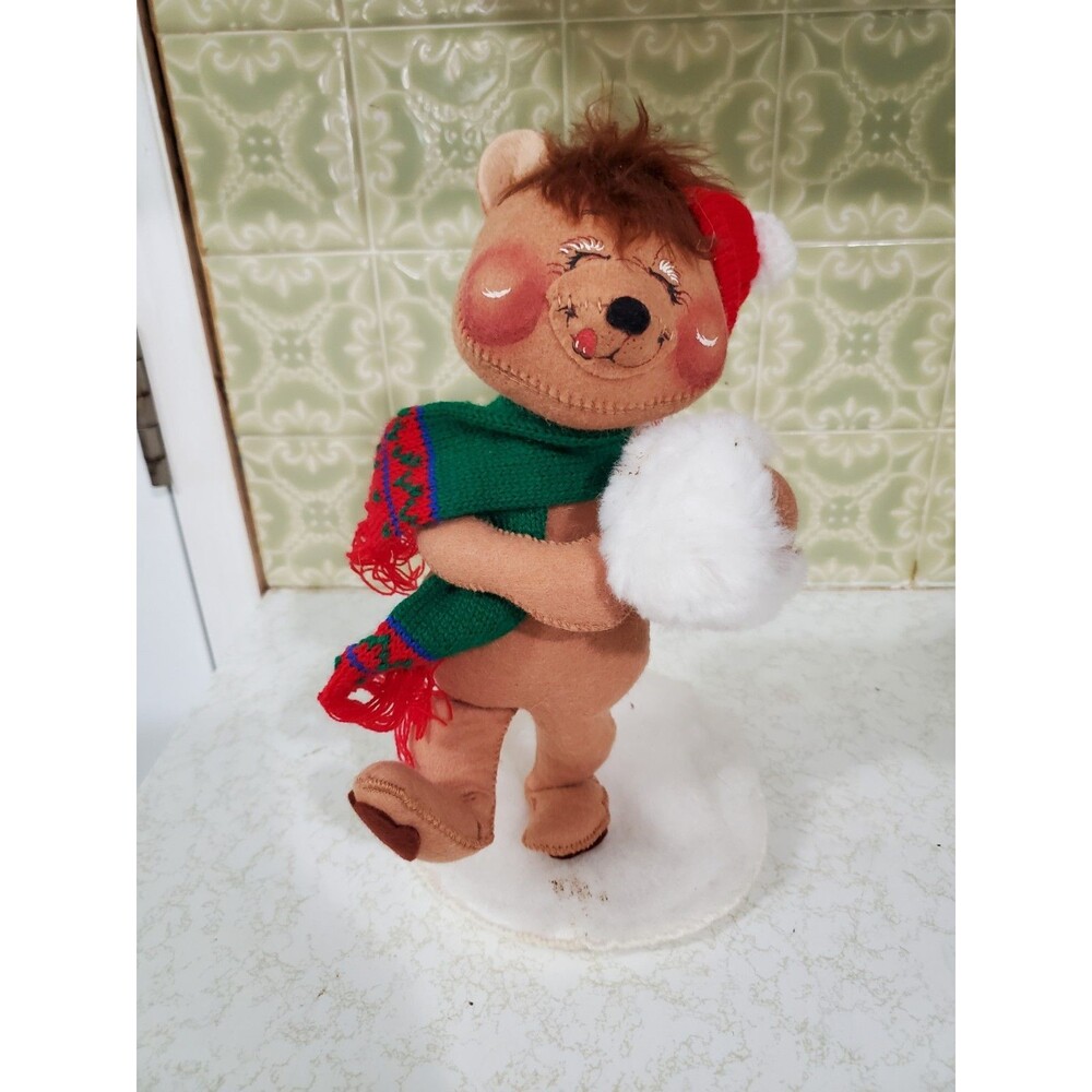 Annalee Mobilitee 1984 Brown Bear w/ Snowball Red Striped Hat Green Scarf 11"